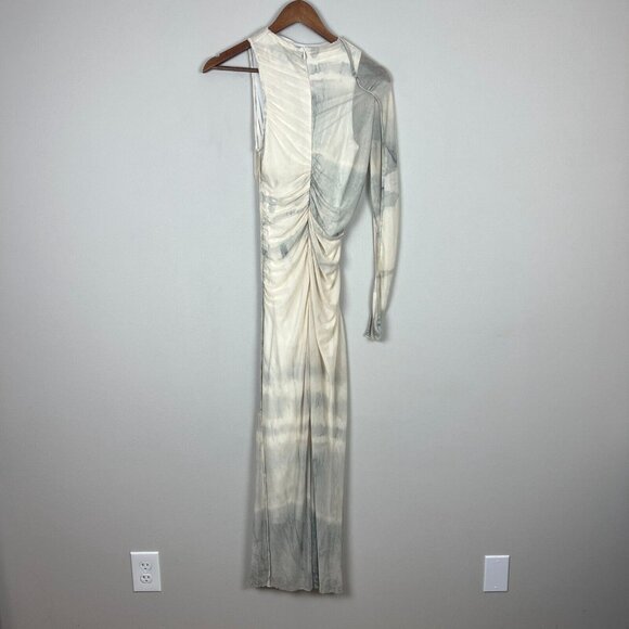 Zara Maxi Dress Womens XS Cream Gray Ruched One Shoulder Long‎ Sleeve Mesh Y2K - Picture 15 of 15